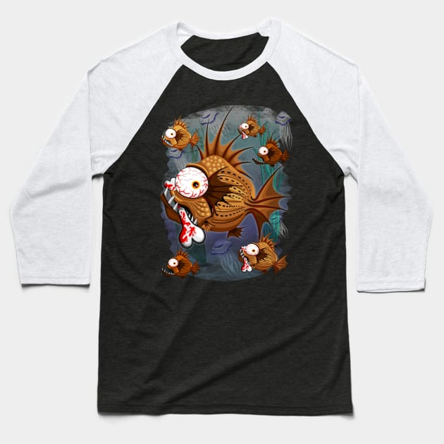 Psycho Fish Piranha with Bone Baseball T-Shirt by BluedarkArt